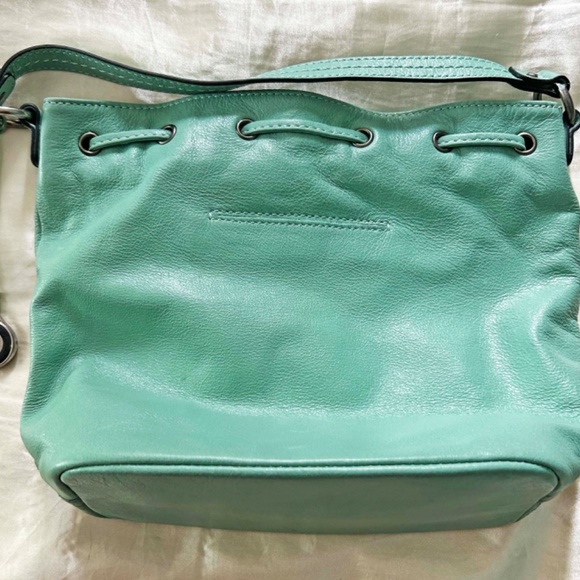 BUCKET BAG, LEATHER, SEASCAPE (GREEN), LEATHER DRAW CORDS, MAGNETIC CATCH, ZIPPE - Picture 3 of 8